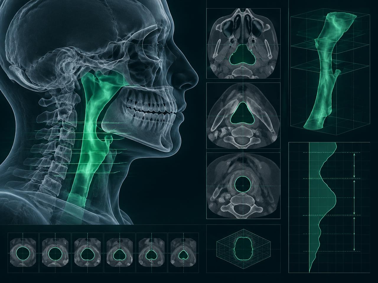 Illustrative CBCT airway analysis with segmented airway in lateral view and cross-sections