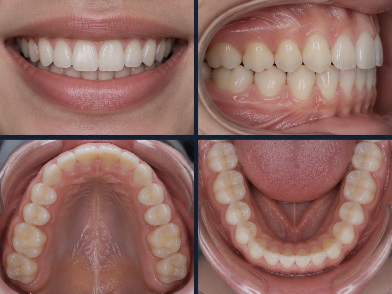 Illustrative clinical dental photographs showing multiple views of a smile and dental arches