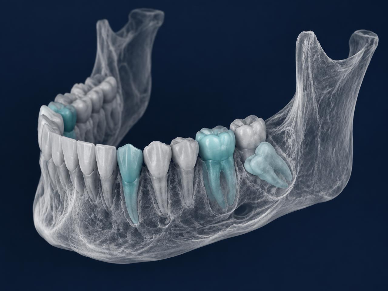 Illustrative segmented 3D dental CBCT model with selected teeth highlighted