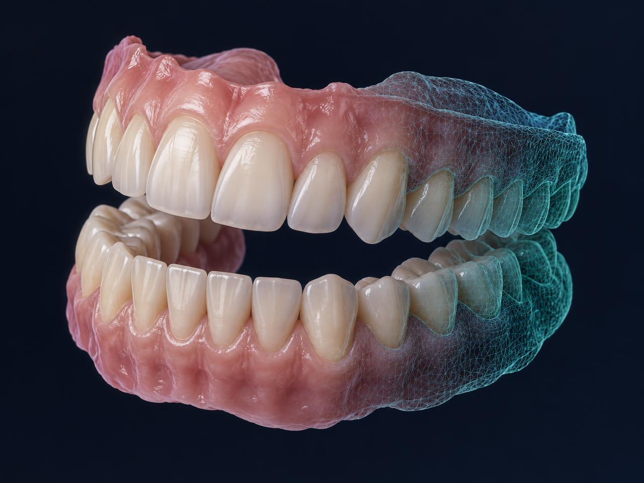 Illustrative three-dimensional dental arch model with a digital mesh